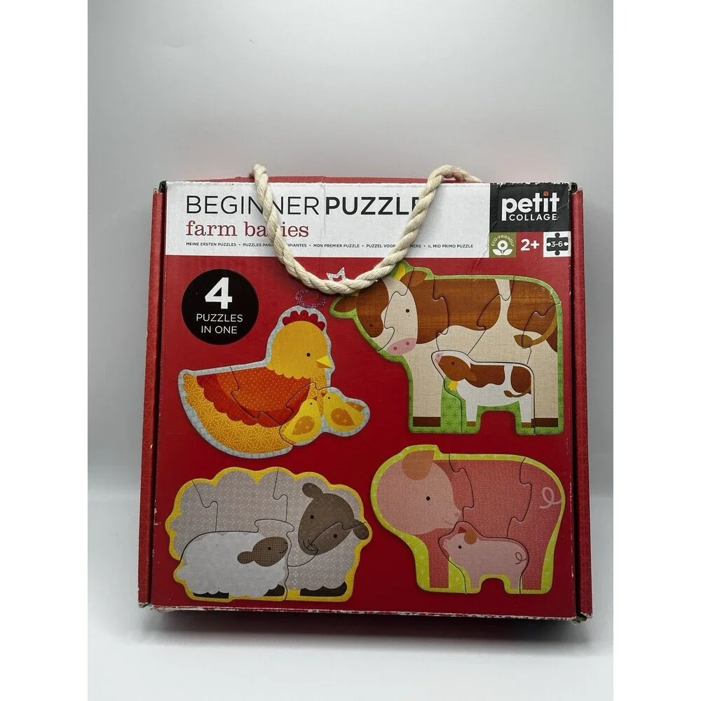 Petit Collage Beginner Puzzle Farm Babies 4 Wood Puzzles in One Complete Set